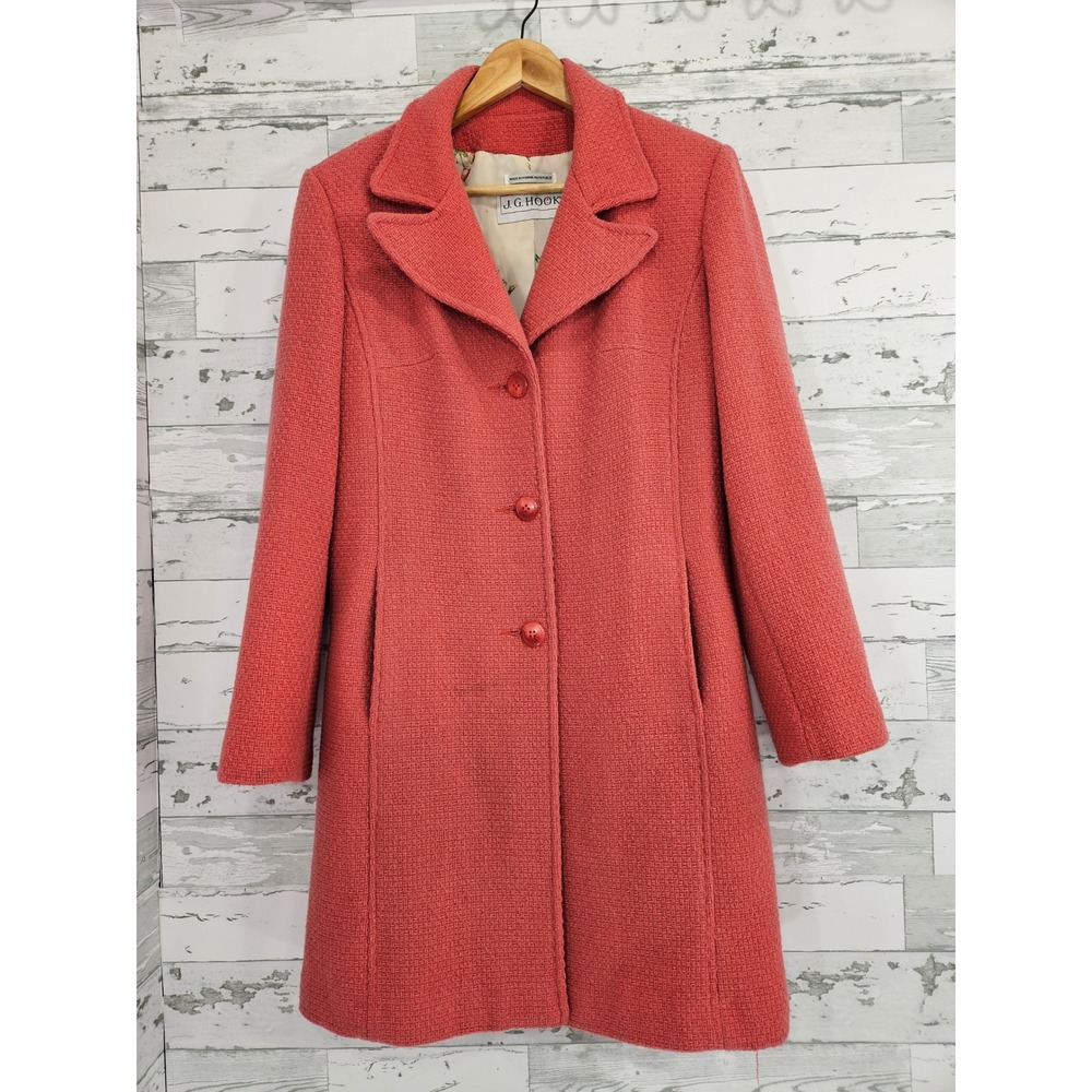 J G Hook Pink Wool Blend Floral Lined Overcoat Size 8 Basketweave Textured Coat